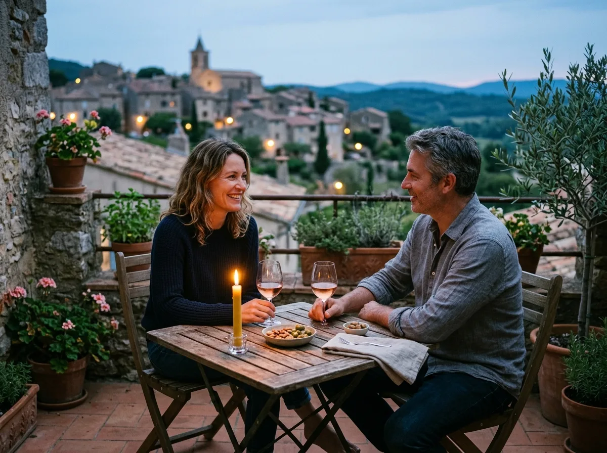Deux parents solos discutent tranquillement en terrasse le soir, enfants endormis