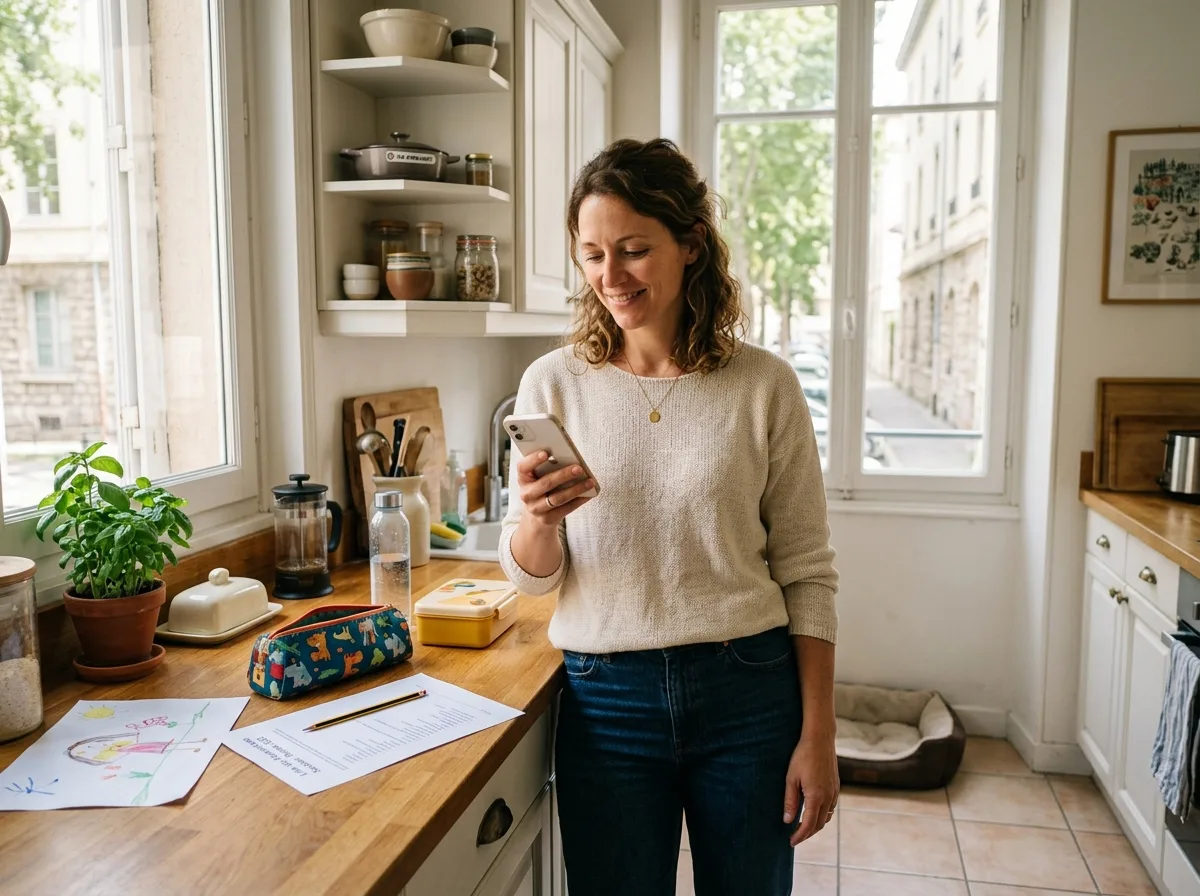 Mère solo soulagée consultant son téléphone avec une liste de fournitures scolaires