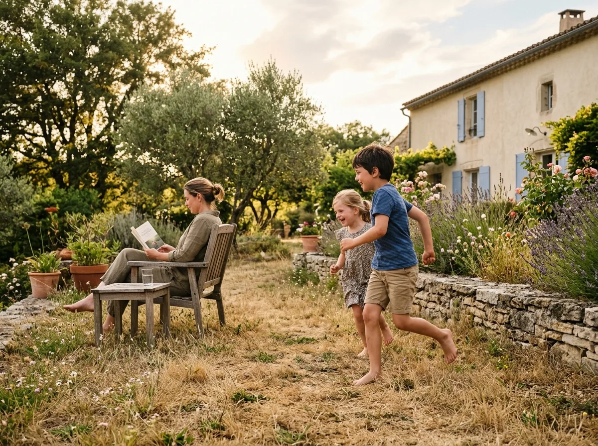 Enfants qui jouent dans le jardin pendant qu'un parent solo se repose sereinement