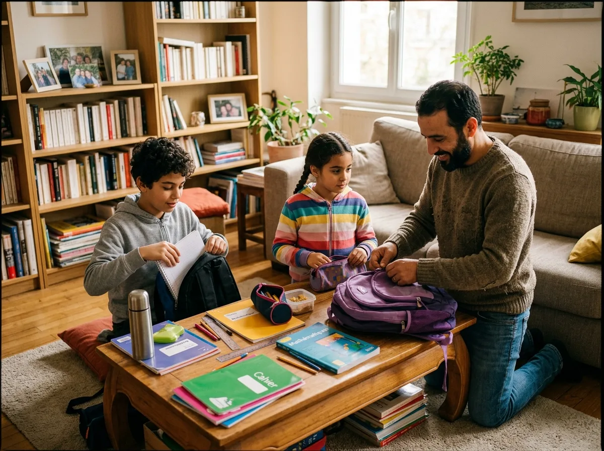 Père solo aidant ses deux enfants à préparer les cartables pour la rentrée