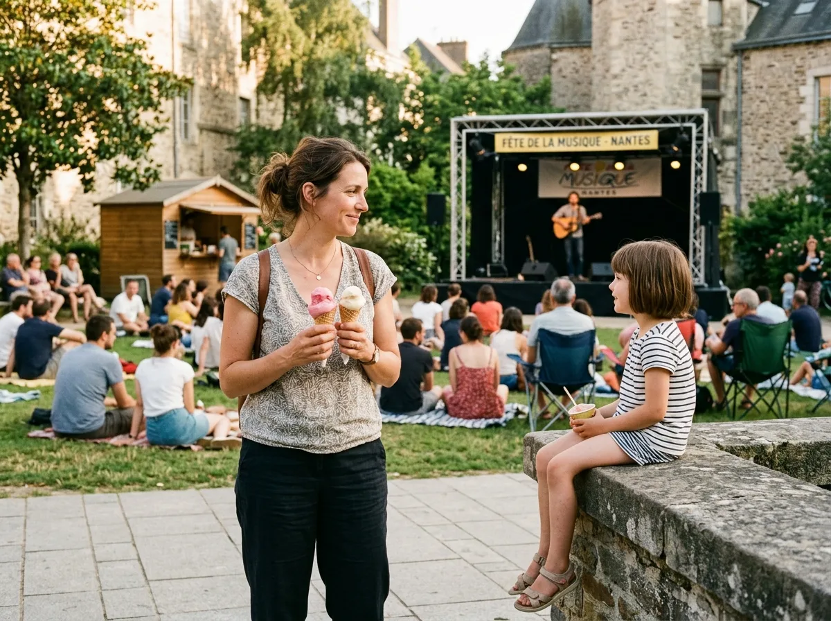Mère solo et son enfant à un concert en plein air à Nantes en été