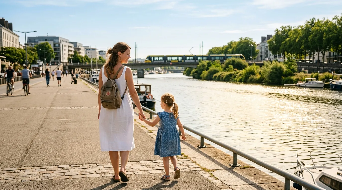 Mère solo et son enfant se promenant au bord de la Loire à Nantes en été