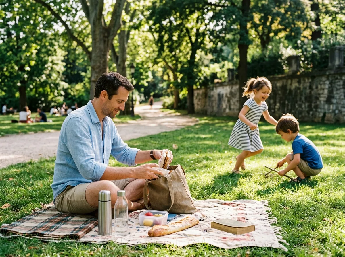 Papa solo et ses enfants qui pique-niquent sur l'herbe dans un parc lillois en été