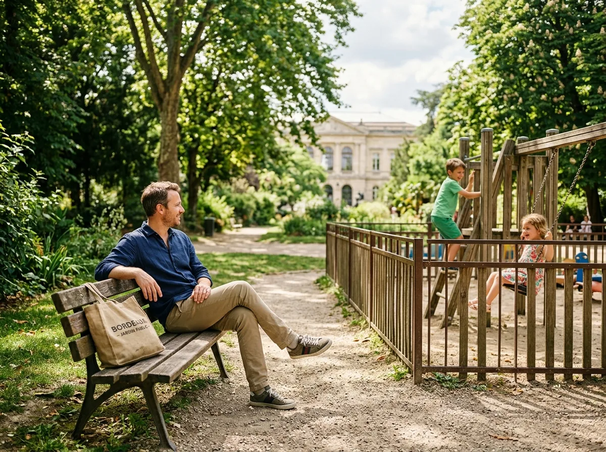 Père solo sur un banc au Jardin Public de Bordeaux, enfants jouant dans l'aire clôturée.