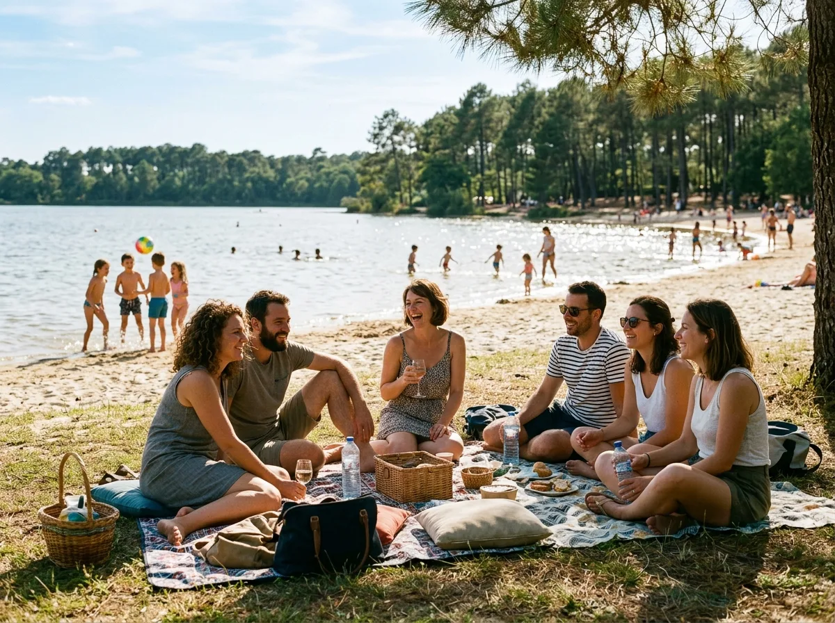 Groupe de parents solos en pique-nique à la Plage du Lac de Bordeaux avec leurs enfants.