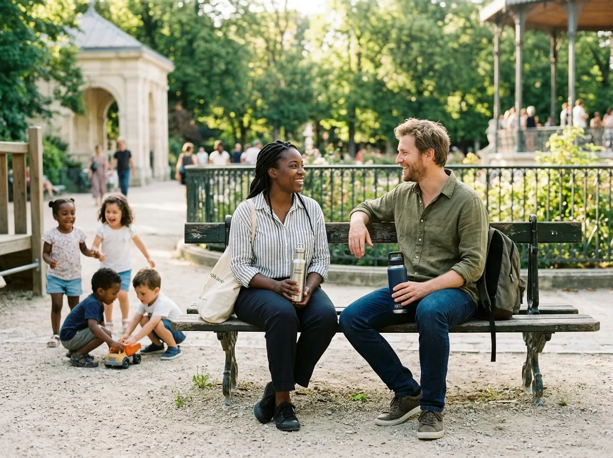 Deux parents solos qui discutent sur un banc de parc pendant que leurs enfants jouent