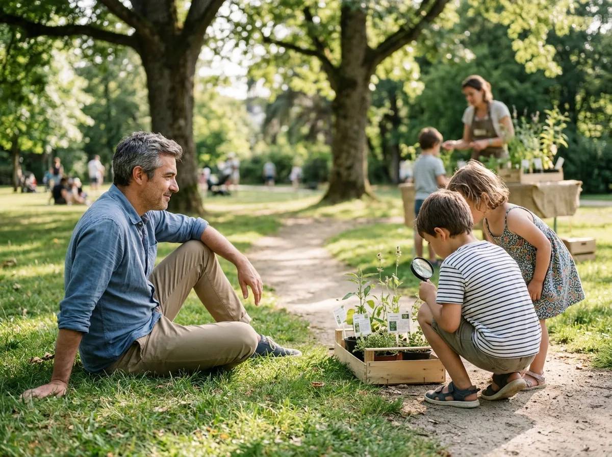 Papa solo avec ses enfants lors d'une animation nature dans un parc nantais