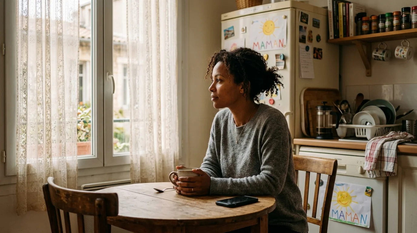 Mère solo pensive avec un café, lumière matinale douce dans une cuisine française