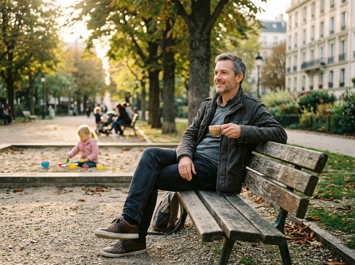 Père solo détendu sur un banc de parc, enfant jouant en arrière-plan flou