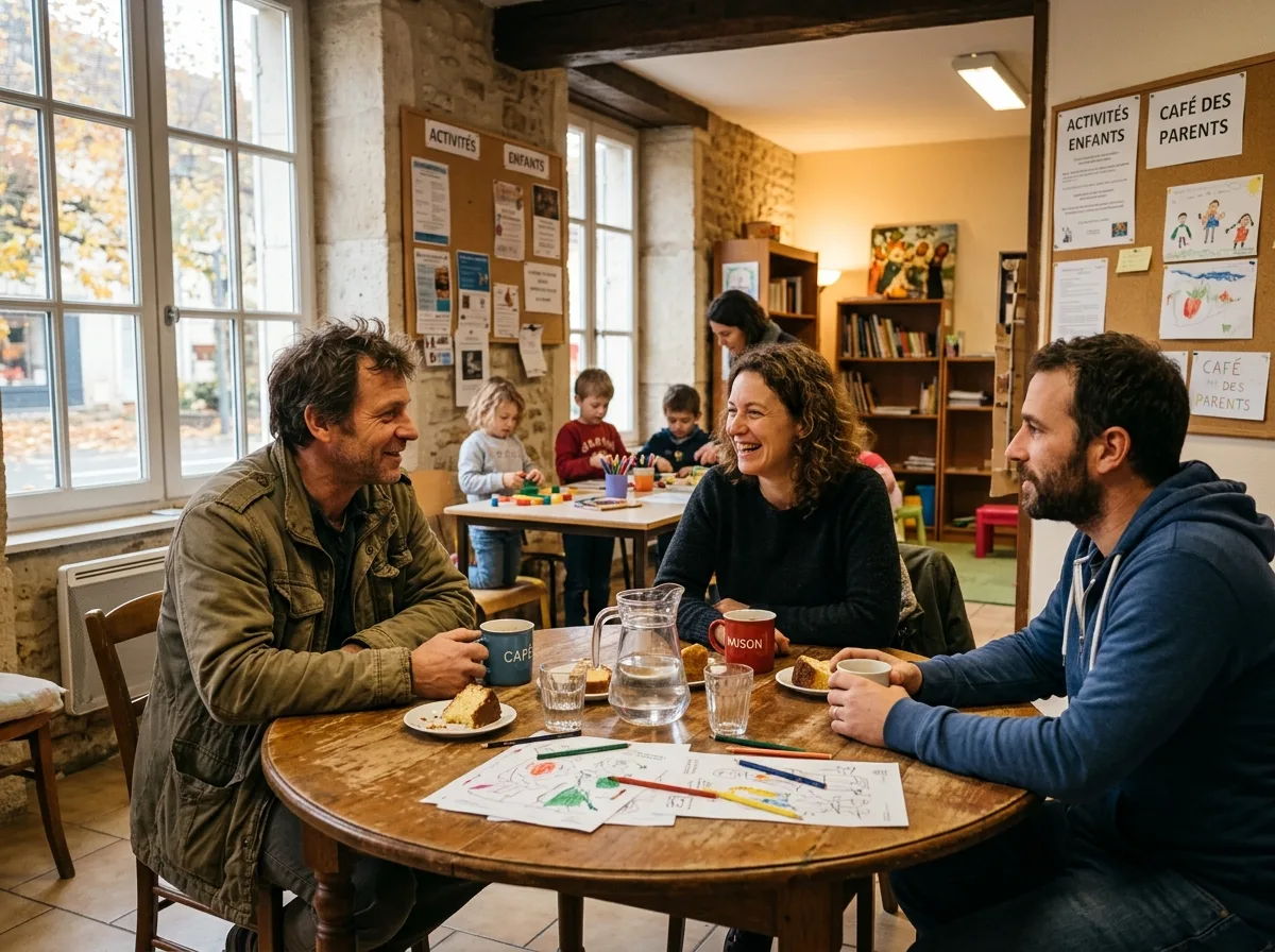 Un père solo et d'autres parents partagent un moment convivial dans un espace communautaire chaleureux