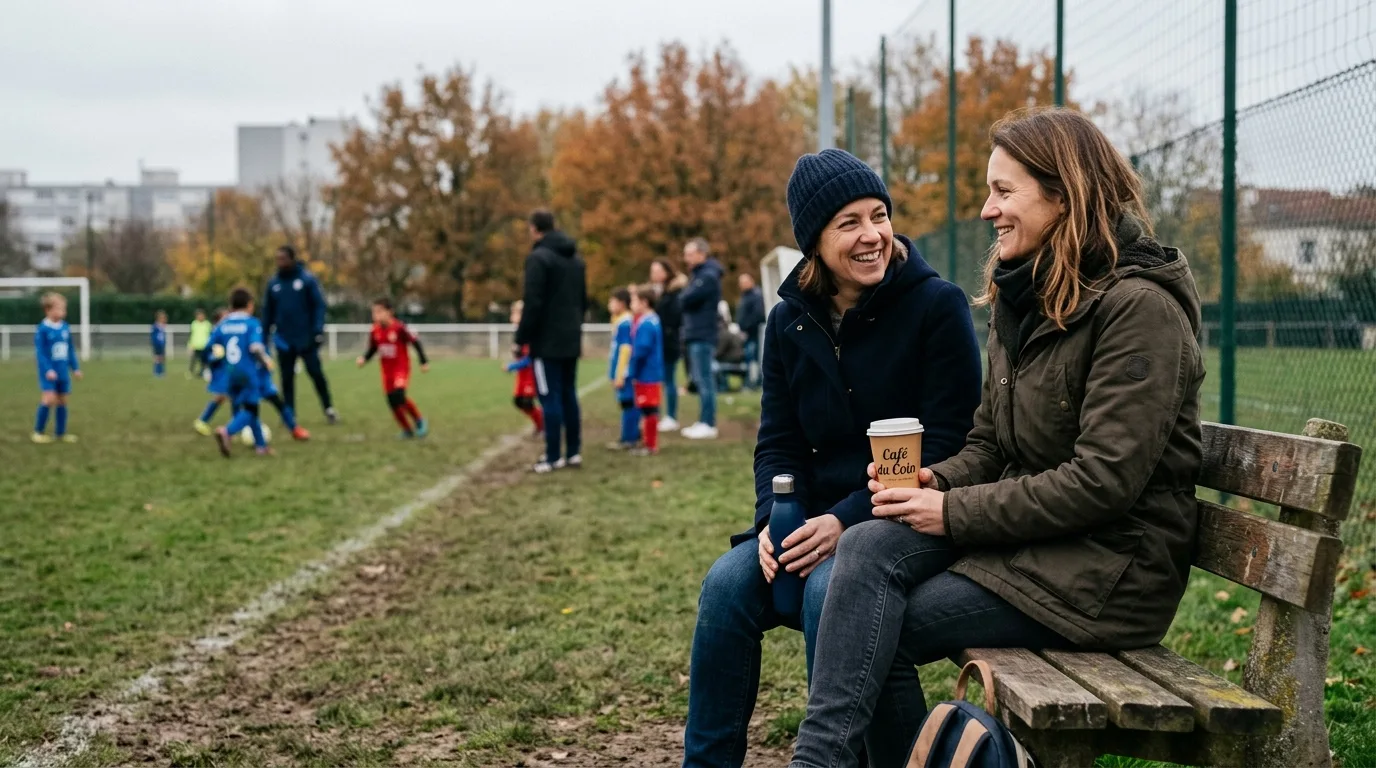 Deux parents sur un banc au bord d'un terrain de foot, souriant naturellement un matin de week-end