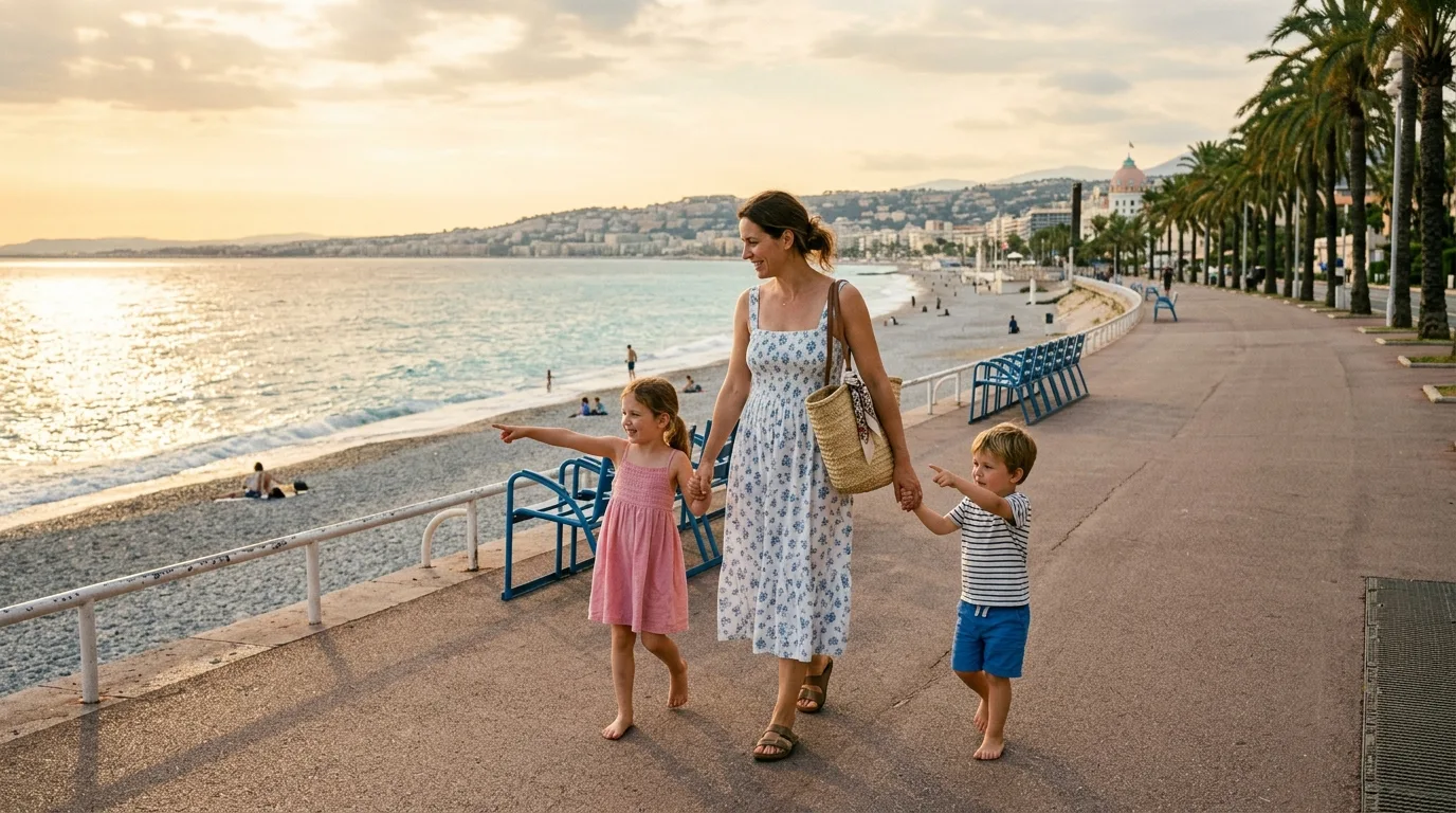 Mère solo et ses enfants sur la Promenade des Anglais à Nice, matin d'été