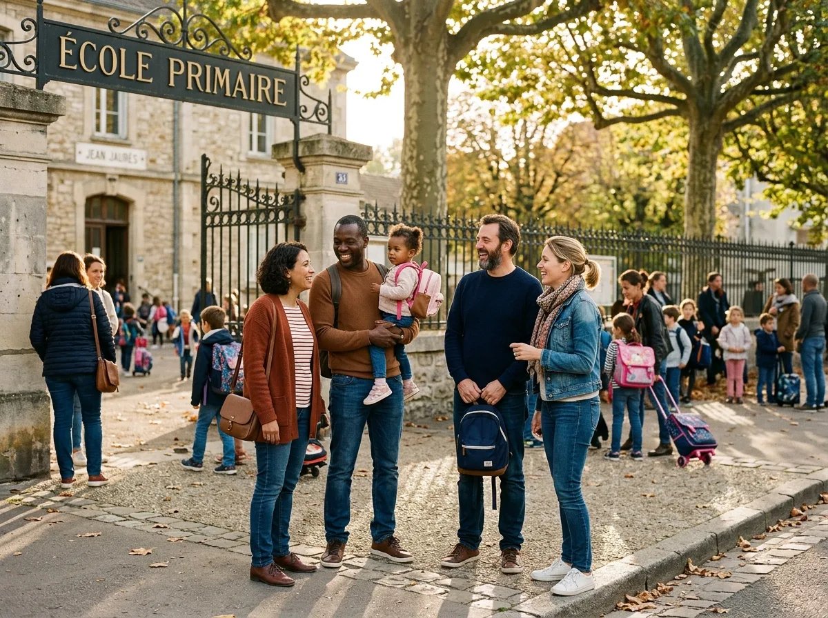 Groupe de parents qui discutent à la sortie d'une école française, lumière dorée de fin de journée