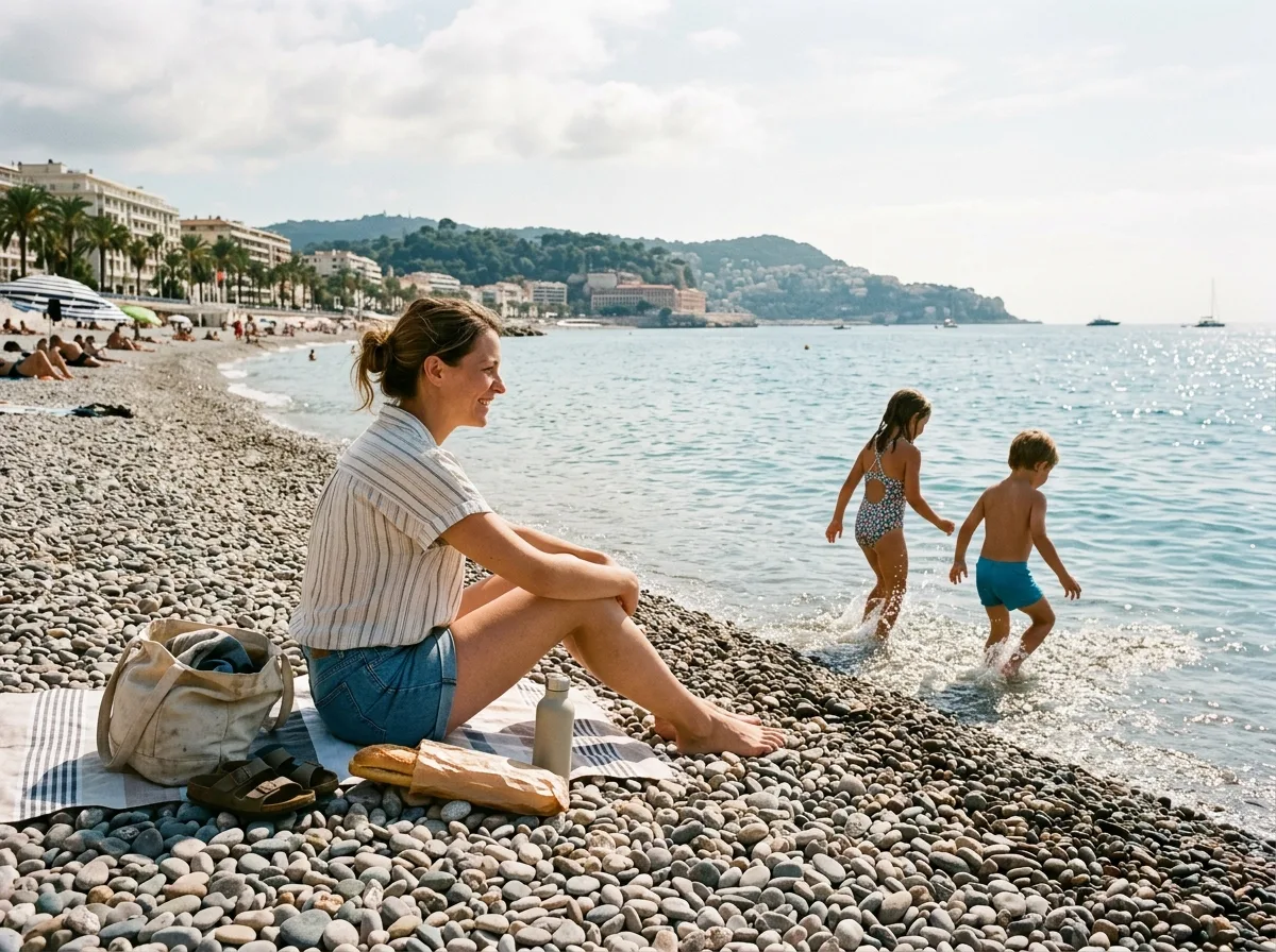 Mère solo sur une plage de galets à Nice, enfants jouant au bord de l'eau