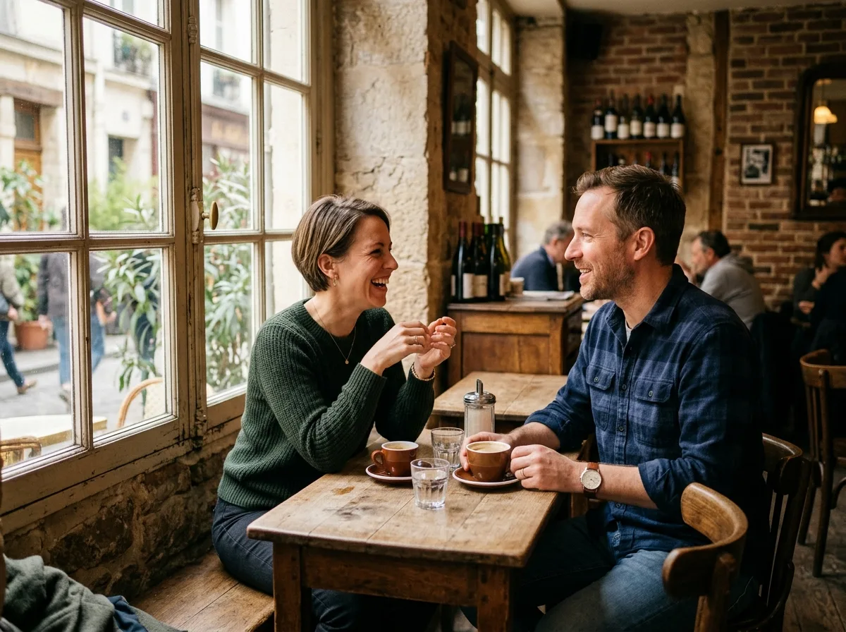 Deux adultes en conversation dans un café parisien, ambiance chaleureuse et détendue