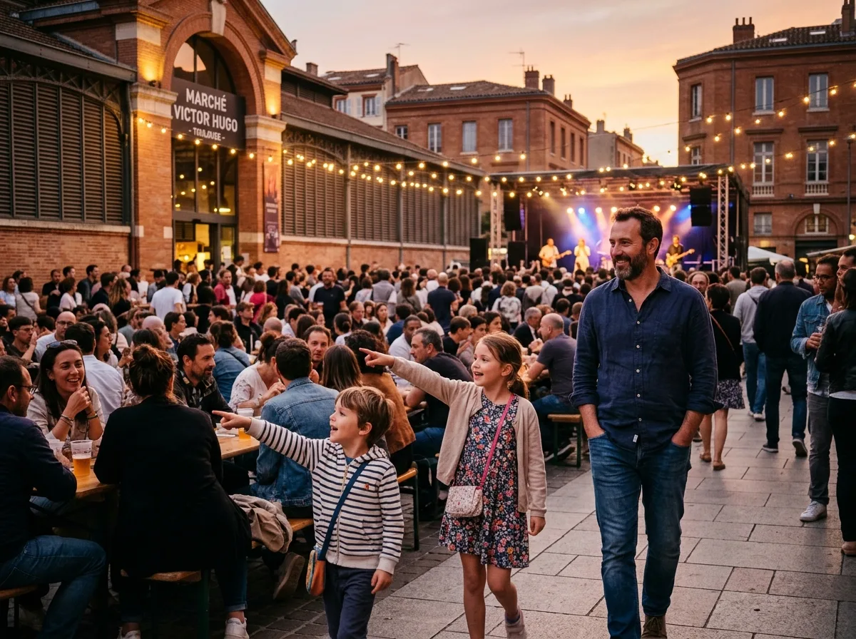 Père solo avec ses enfants à un concert en plein air un soir d'été à Toulouse