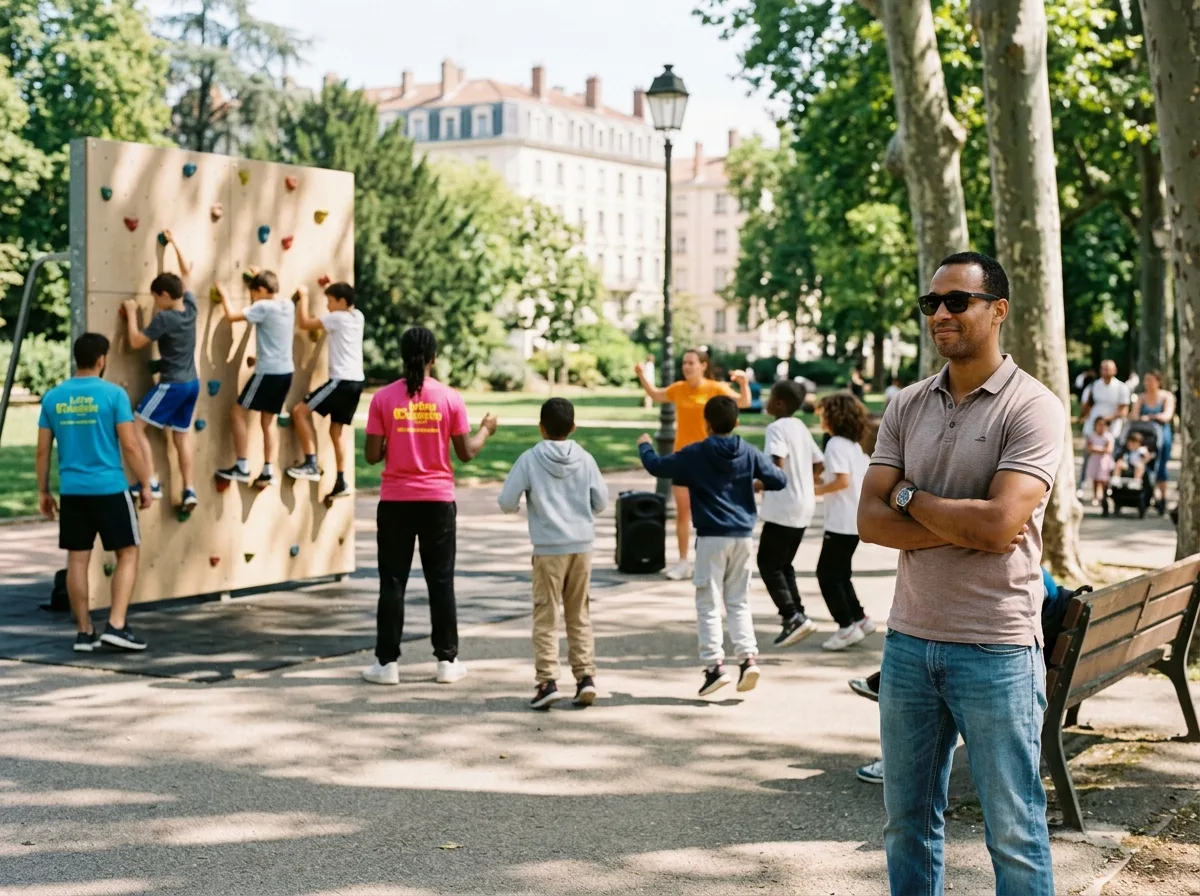 Père solo observant ses enfants lors d'activités sportives estivales encadrées à Lyon