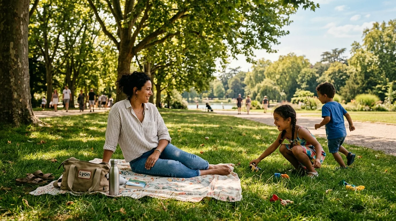 Mère solo détendue avec ses enfants dans le Parc de la Tête d'Or à Lyon en été