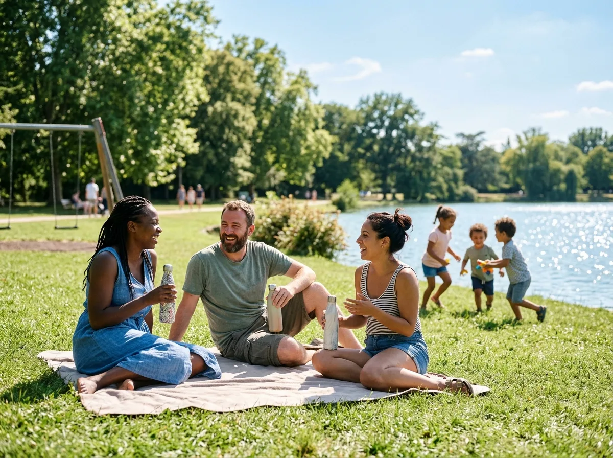Parents solos qui se retrouvent au bord du lac à Toulouse avec leurs enfants