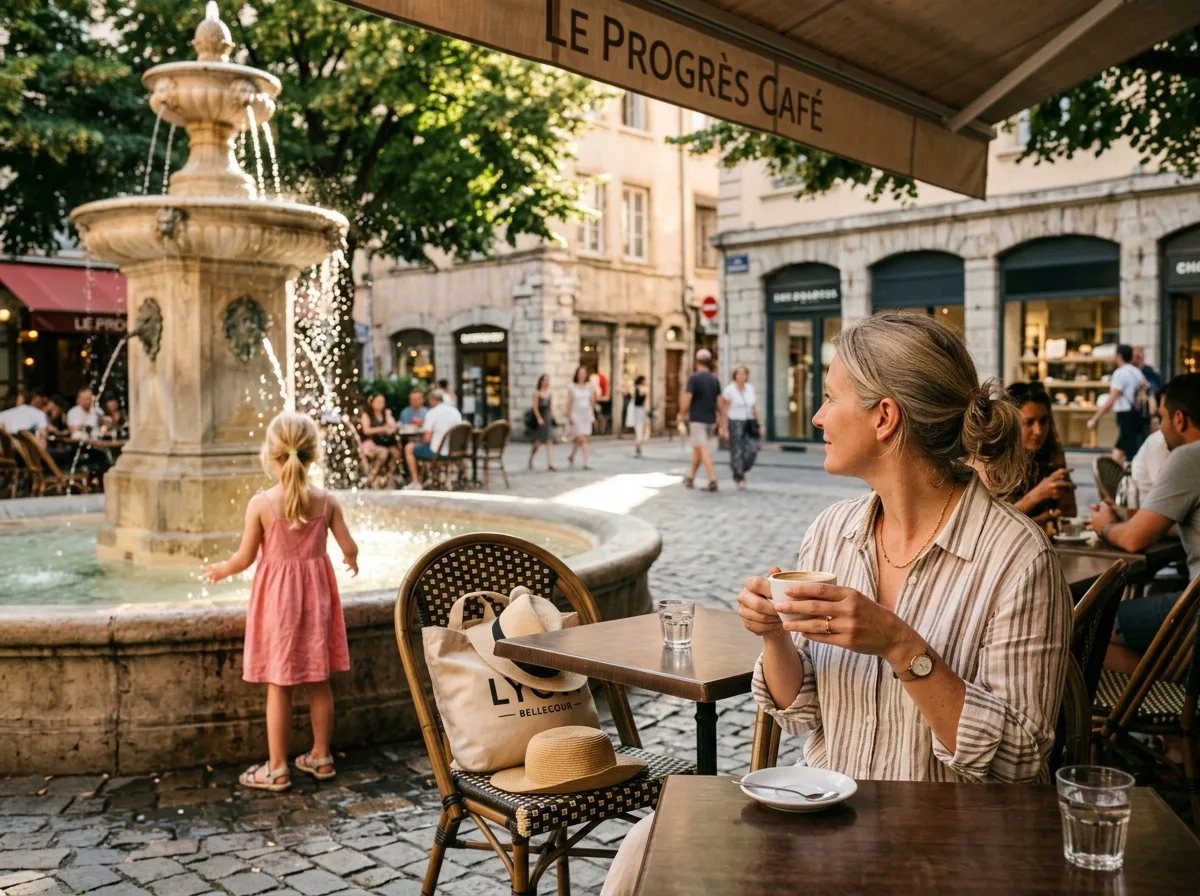 Mère solo savourant un café en terrasse à Lyon pendant que son enfant joue