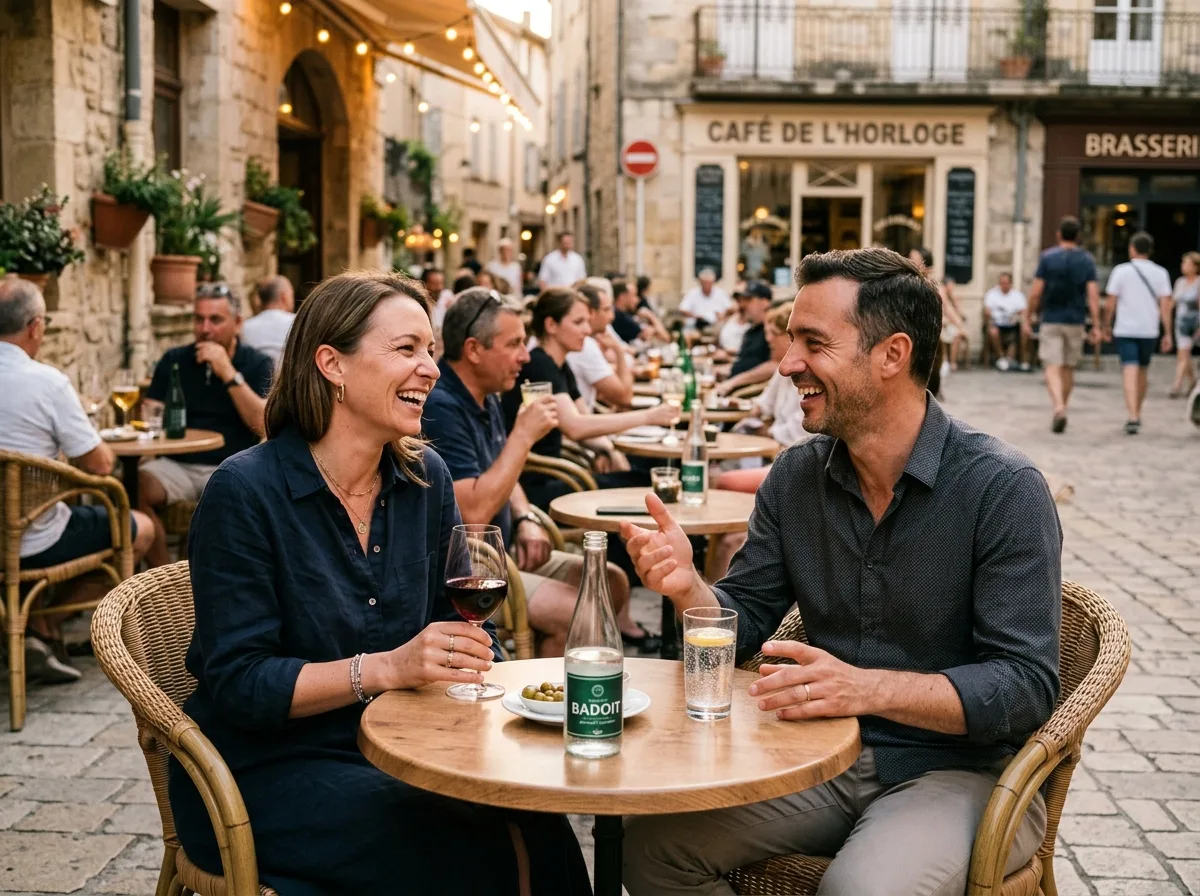 Deux adultes qui discutent en souriant en terrasse d'un café français lors d'une soirée d'été