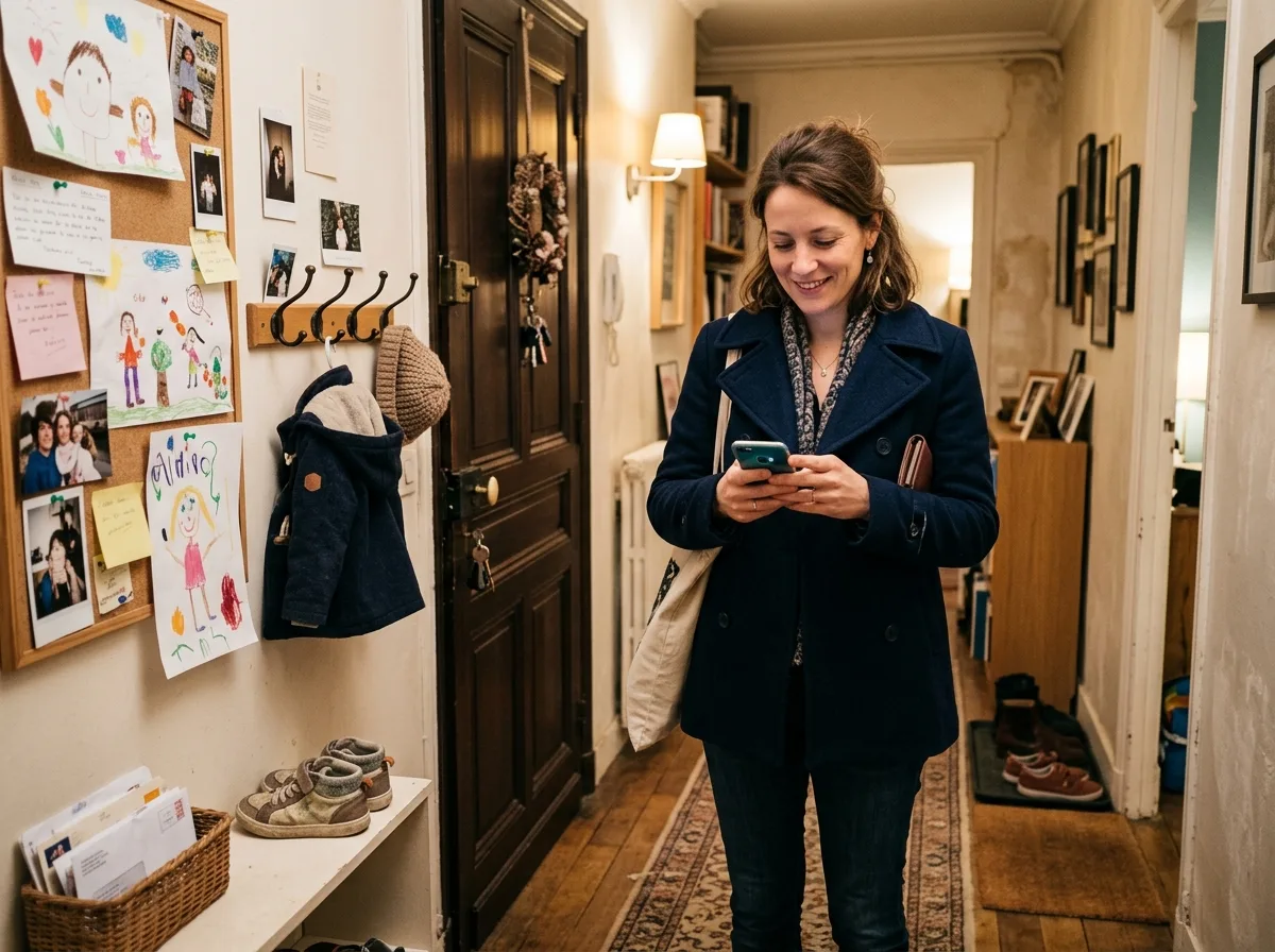Une mère solo sur le départ pour une soirée, regard serein dans son couloir chaleureux.