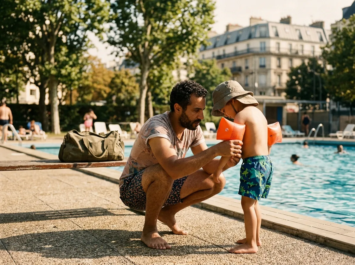 Un père solo aide son enfant à enfiler des brassards au bord d'un bassin parisien