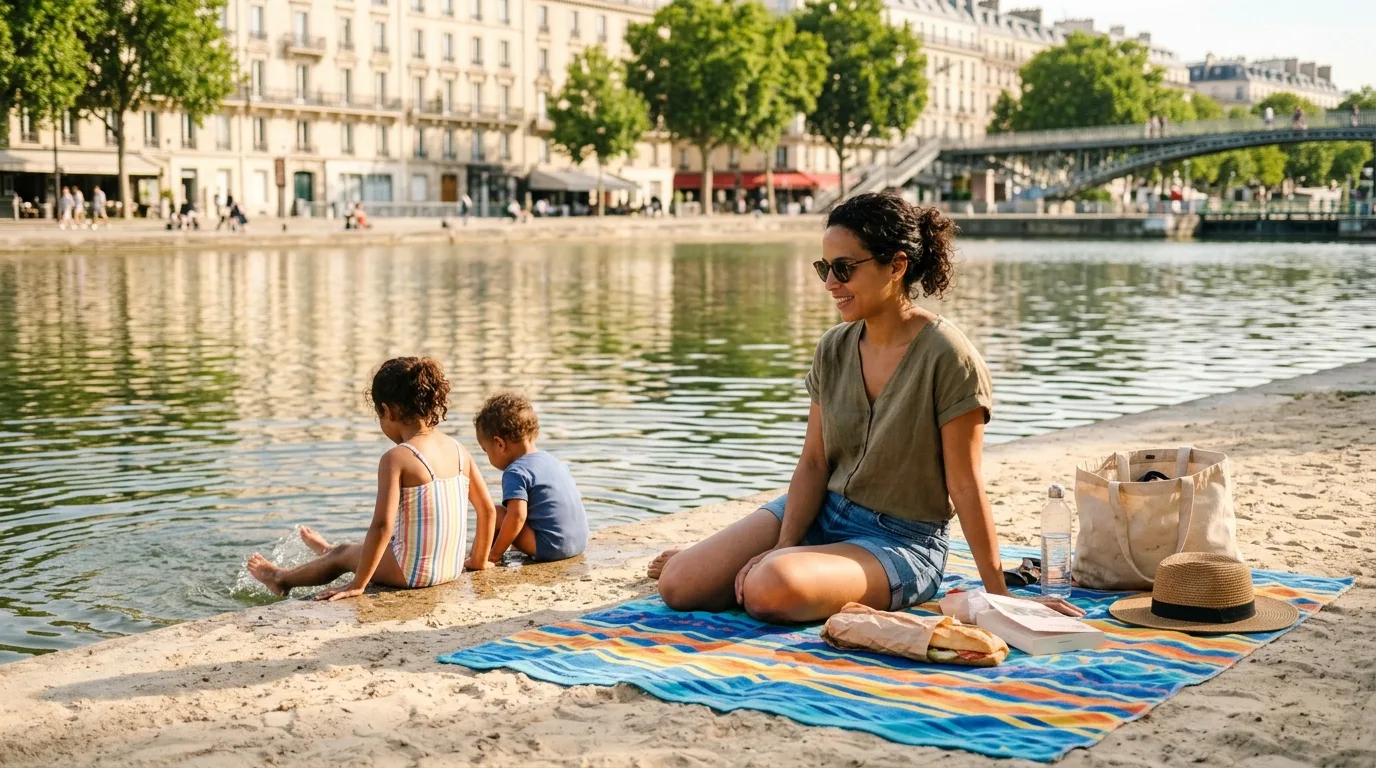 Une mère solo détendue au bassin de la Villette avec ses enfants un matin d'été