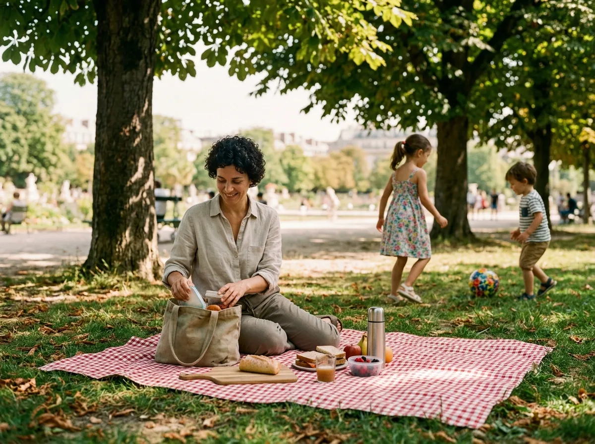 Une mère solo prépare un pique-nique dans un parc parisien pendant les vacances d'été