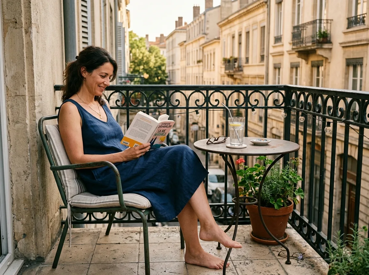 Mère solo détendue sur un balcon ensoleillé, lisant un livre par une chaude journée d'été