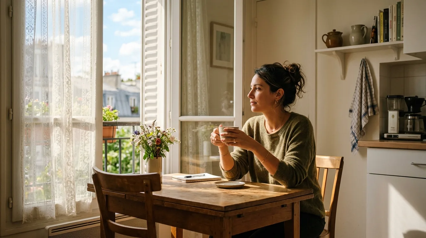 Parent solo seul·e dans un appartement silencieux un matin d'été, café en main