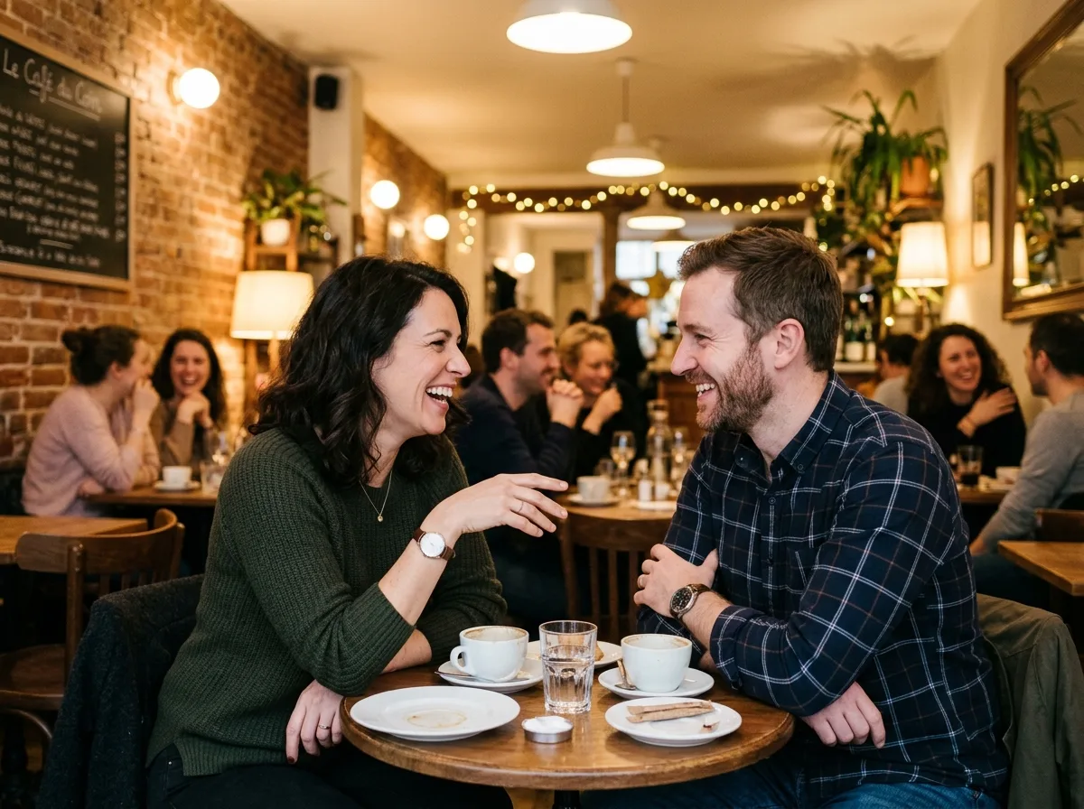 Un homme et une femme parents solos en conversation animée lors d'un speed dating.