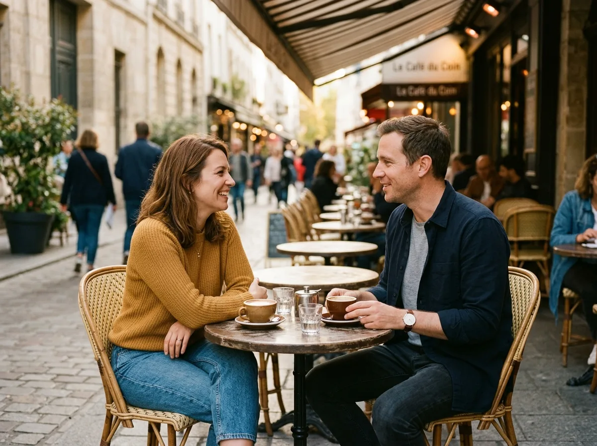 Deux adultes en conversation complice à une terrasse de café, début d'une nouvelle relation.