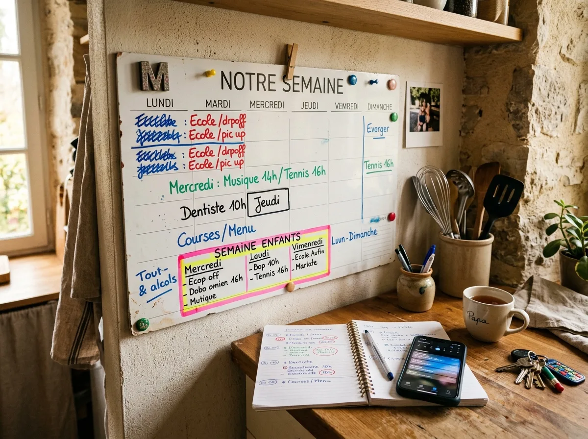 Calendrier familial colorié sur un mur de cuisine, planification du quotidien de parent solo.