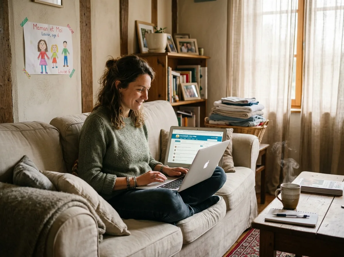 Mère solo connectée à une communauté en ligne depuis son salon