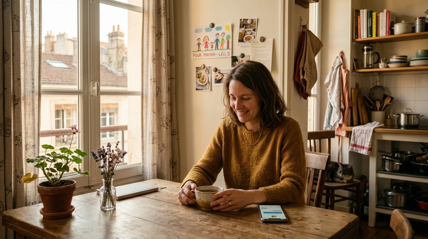 Mère solo souriante à sa table de cuisine, regardant son téléphone avec douceur.