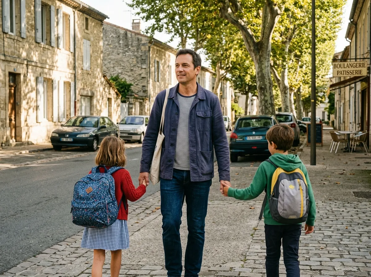 Père solo accompagnant ses enfants à l'école le matin