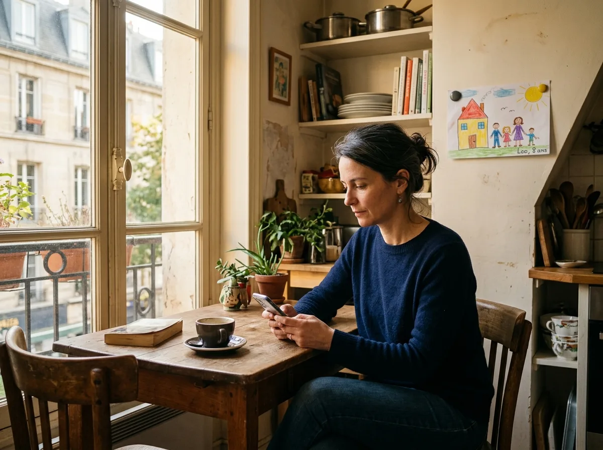 Parent solo relisant un message sur son téléphone avec calme, lumière douce de fin d'après-midi.