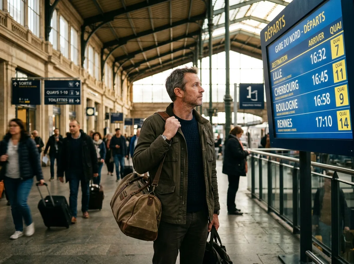 Père solo avec un sac de voyage dans un couloir de gare française, regard serein.