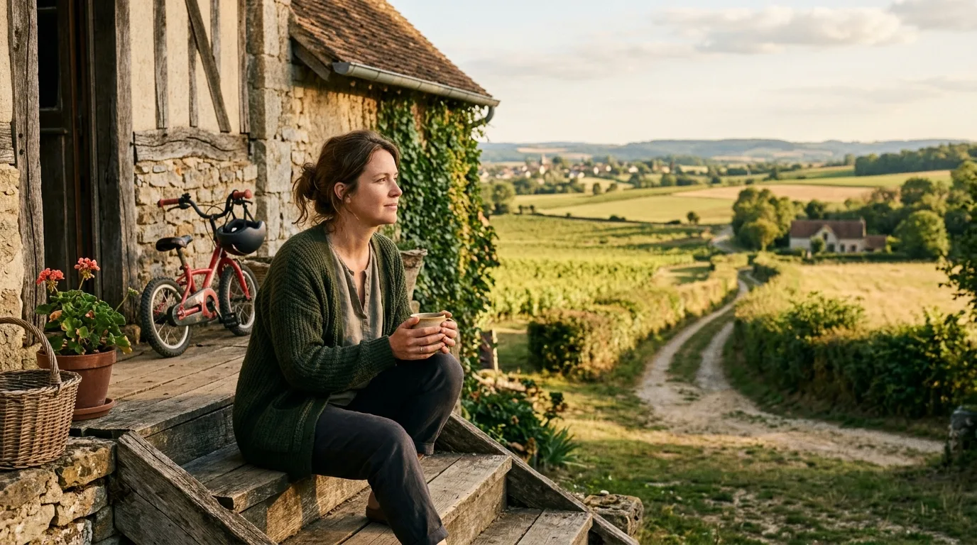 Mère solo assise sur le perron de sa maison à la campagne, lumière dorée du soir