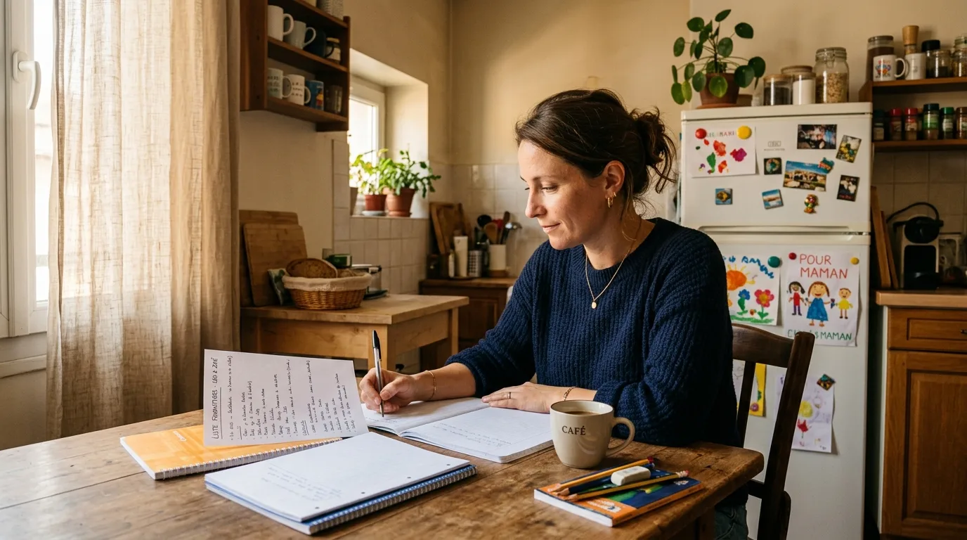 Mère solo organisée à sa table de cuisine, liste de rentrée et café du matin