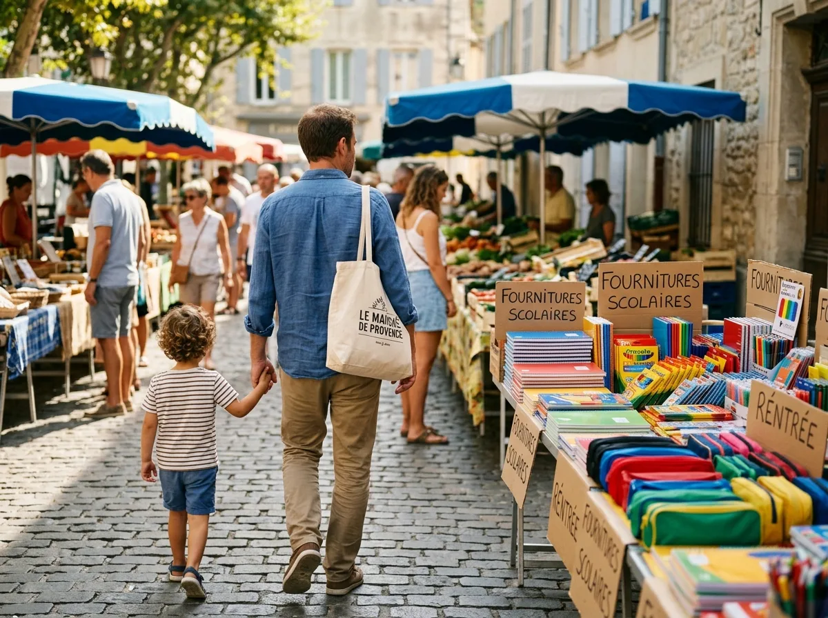 Père solo et son enfant au marché, achats de fournitures scolaires