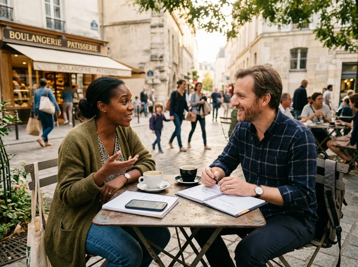 Deux parents solos échangent des conseils rentrée autour d'un café en terrasse