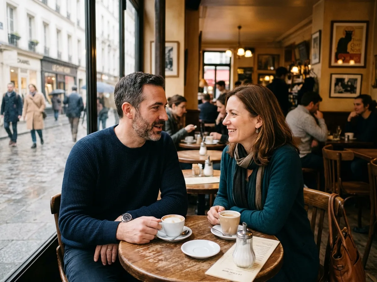 Père solo et une femme en conversation chaleureuse autour d'un café