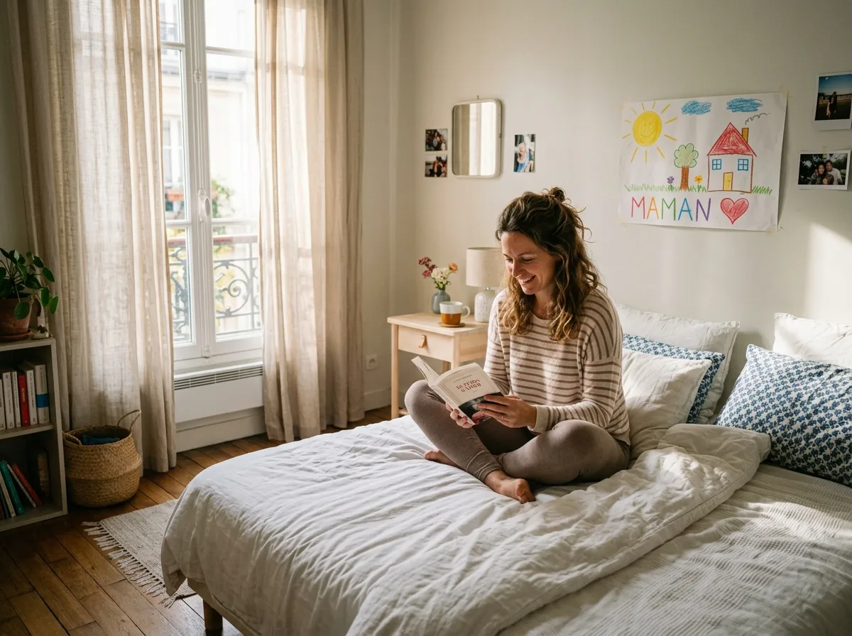 Mère solo sereine un matin sans enfants, moment pour soi dans sa chambre