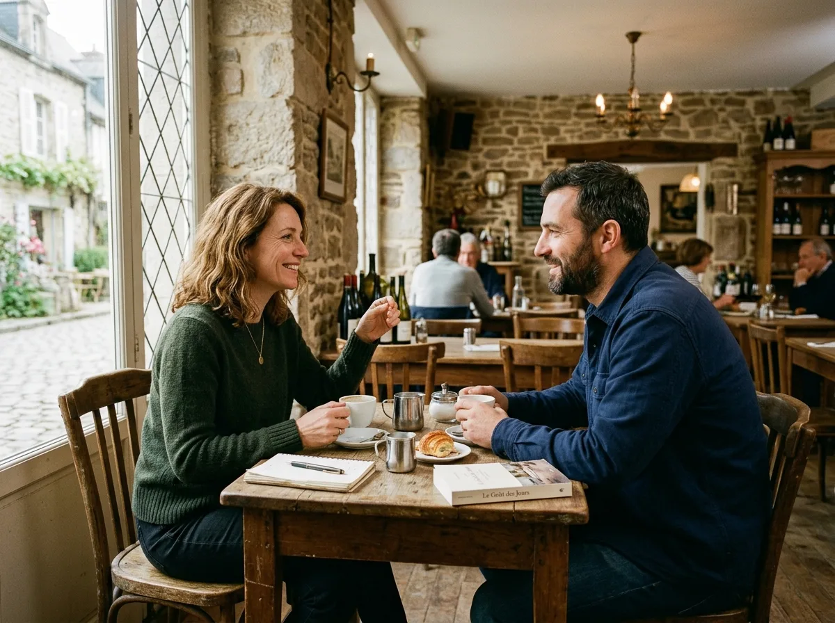 Deux parents solos discutant autour d'un café dans un bistrot de campagne chaleureux