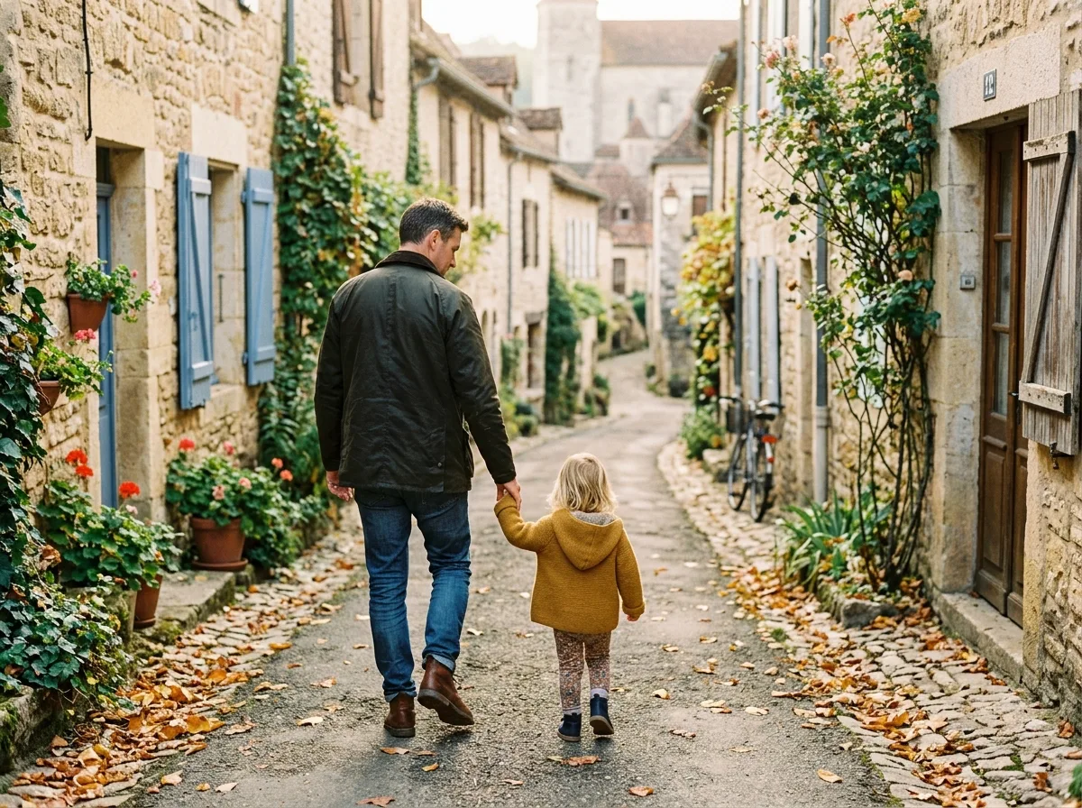 Père solo se promenant avec son enfant dans un village français, vu de dos
