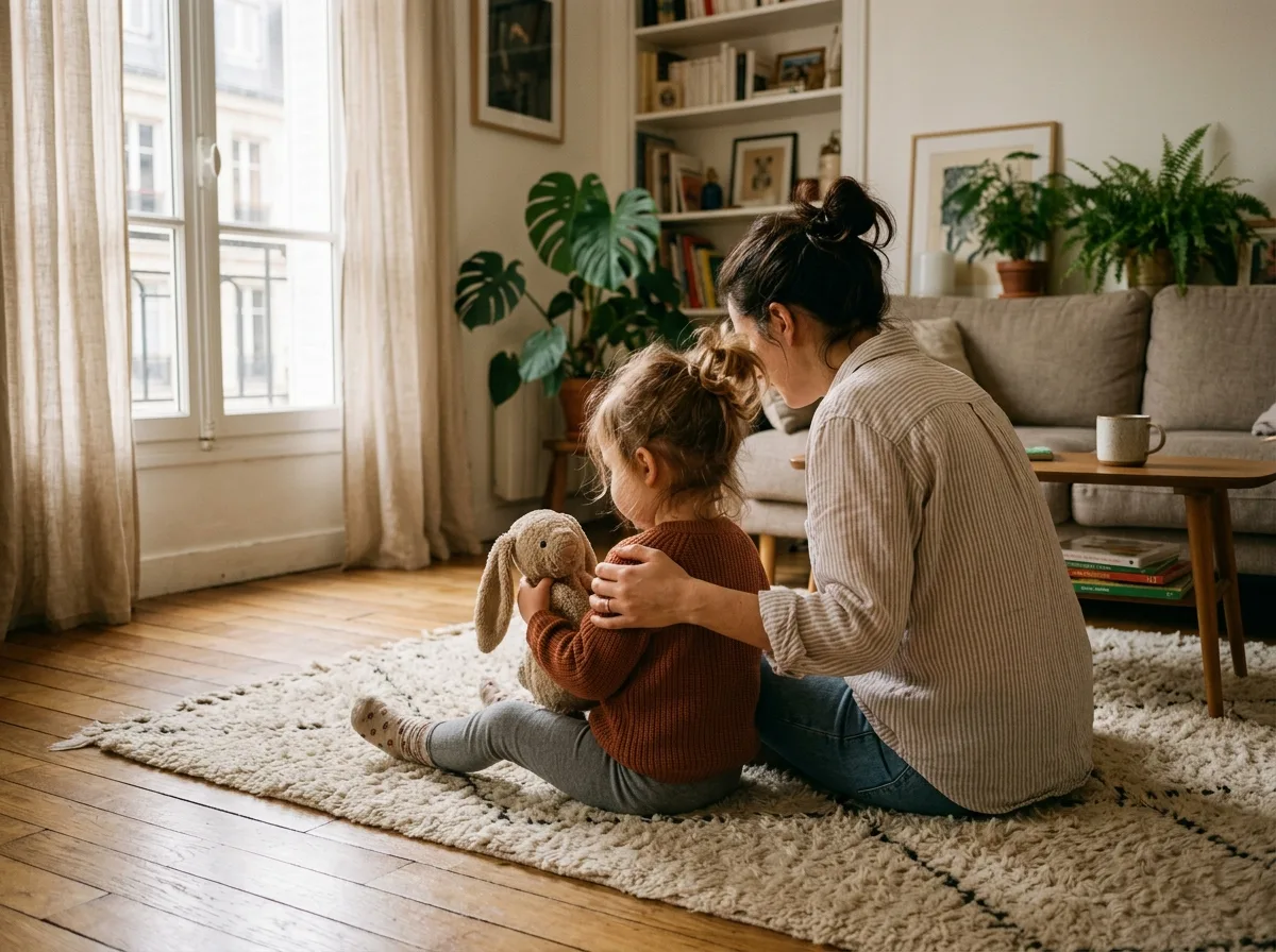 Tout-petit assis avec sa peluche sur un tapis, parent à ses côtés dans une lumière douce