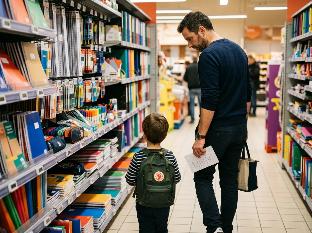 Père solo faisant les courses de fournitures scolaires avec son enfant