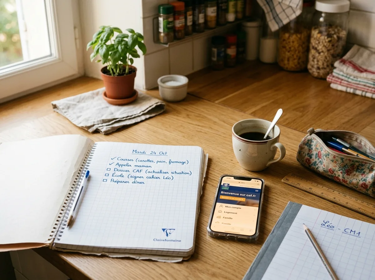 Liste de rentrée scolaire manuscrite avec fournitures et site CAF sur smartphone